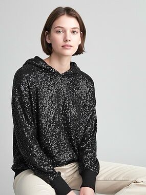INC International Concepts Sequin-Front knit Hooded Sweater Long Sleeve Black